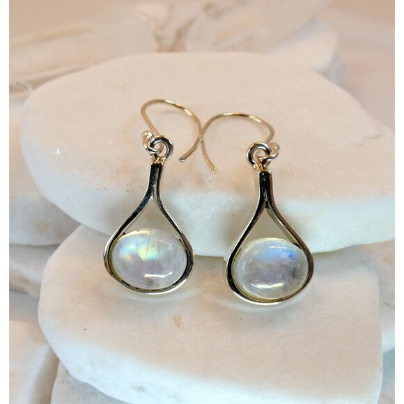 Sterling Silver & AAA Rainbow Moonstone Earrings Modernist Glowing - Picture 4 of 8